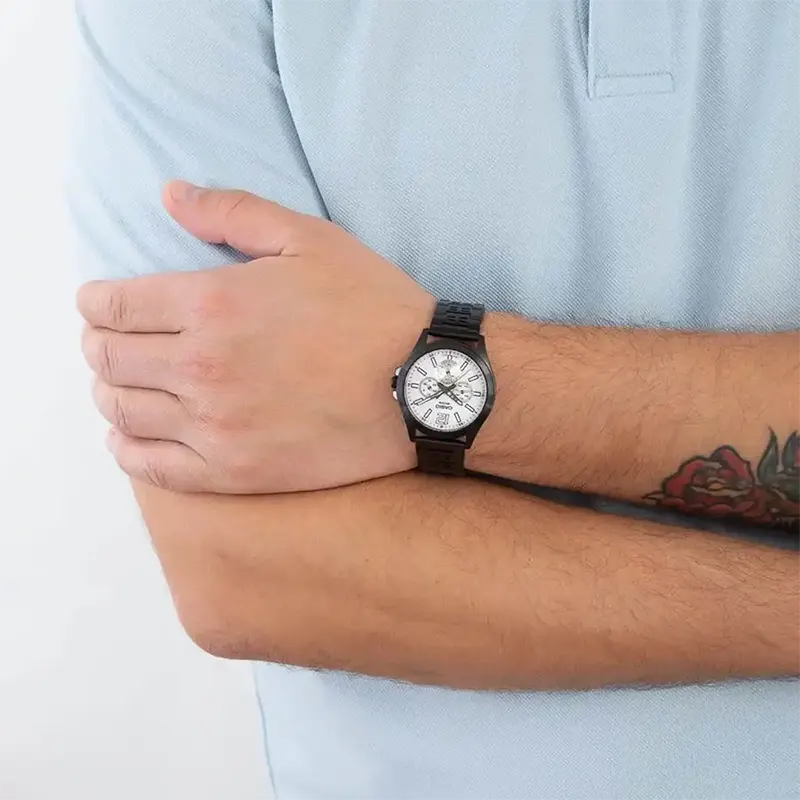 Casio Sporty White Dial Black Band Men's Watch- MTP-E350B-7BV